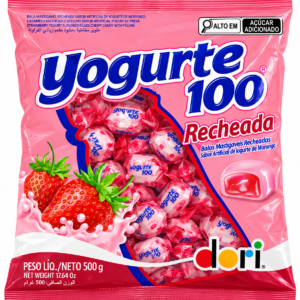BALA MASTIGÁVEL YOGURTE 100 RECHEADA SABOR MORANGO 500G