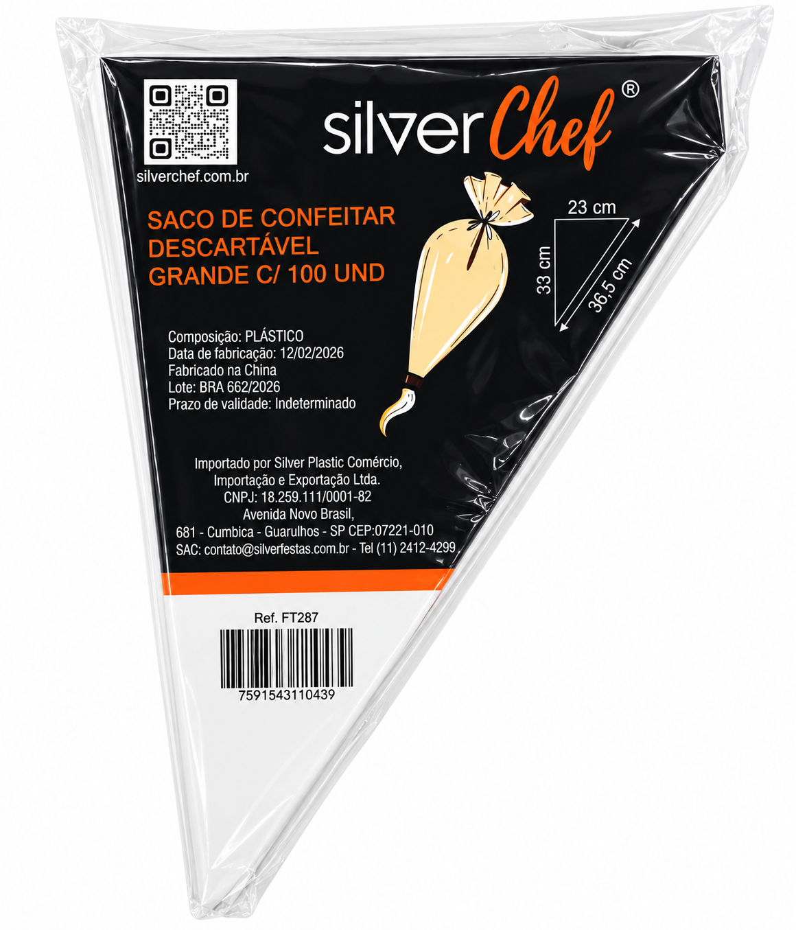 SACO DE CONFEITAR DESCARTÁVEL GRANDE SILVER CHEF C/ 100 UNIDADES