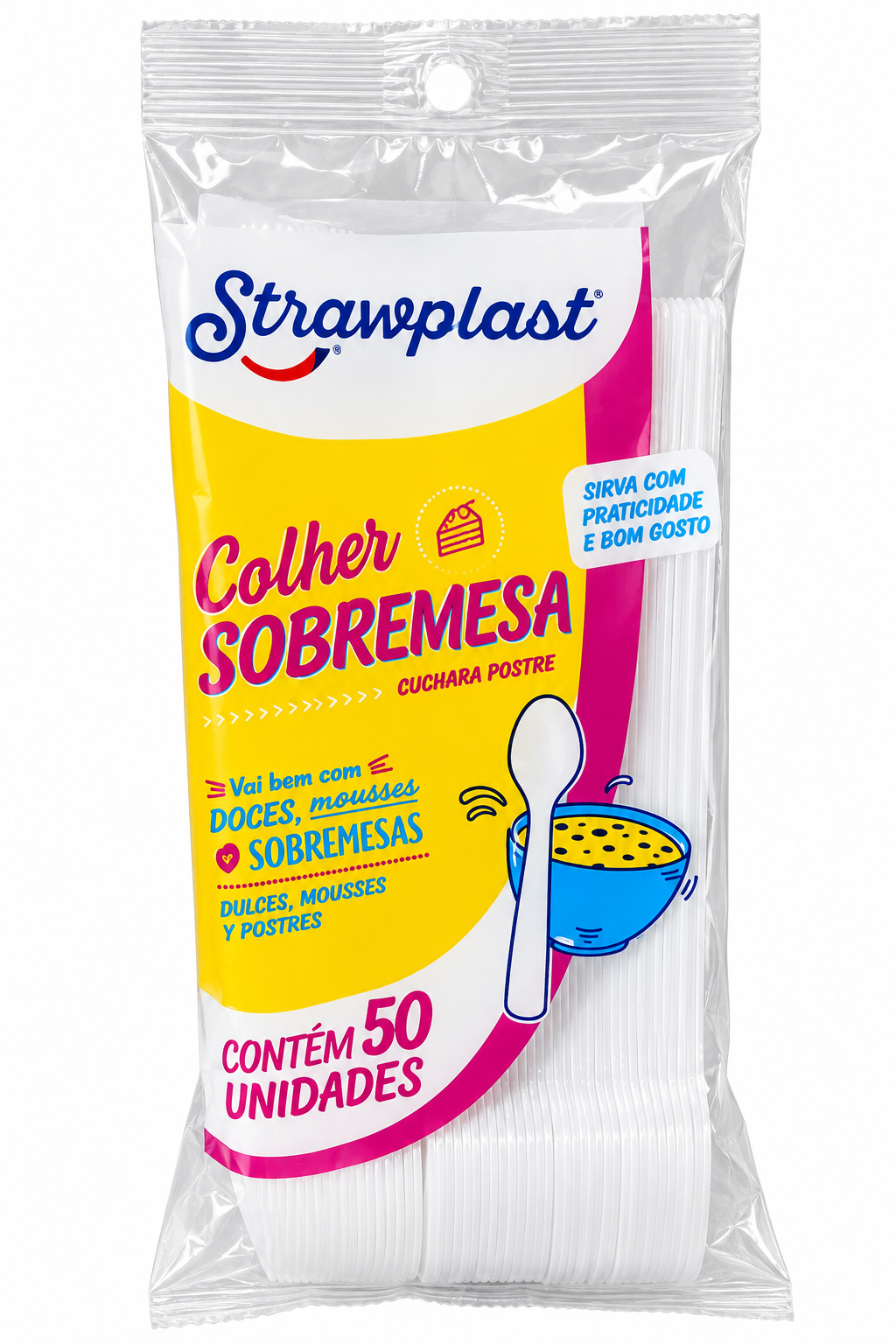 COLHER SOBREMESA BRANCA STRAWPLAST – 50 UNIDADES