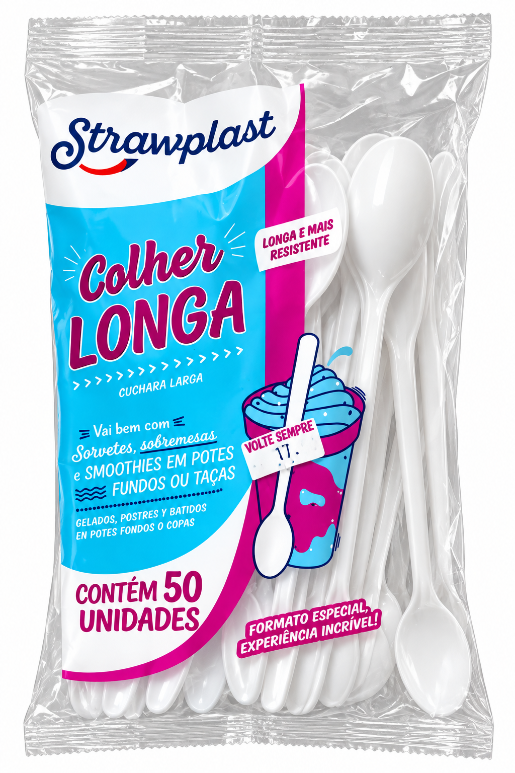 COLHER LONGA BRANCA STRAWPLAST – 50 UNIDADES