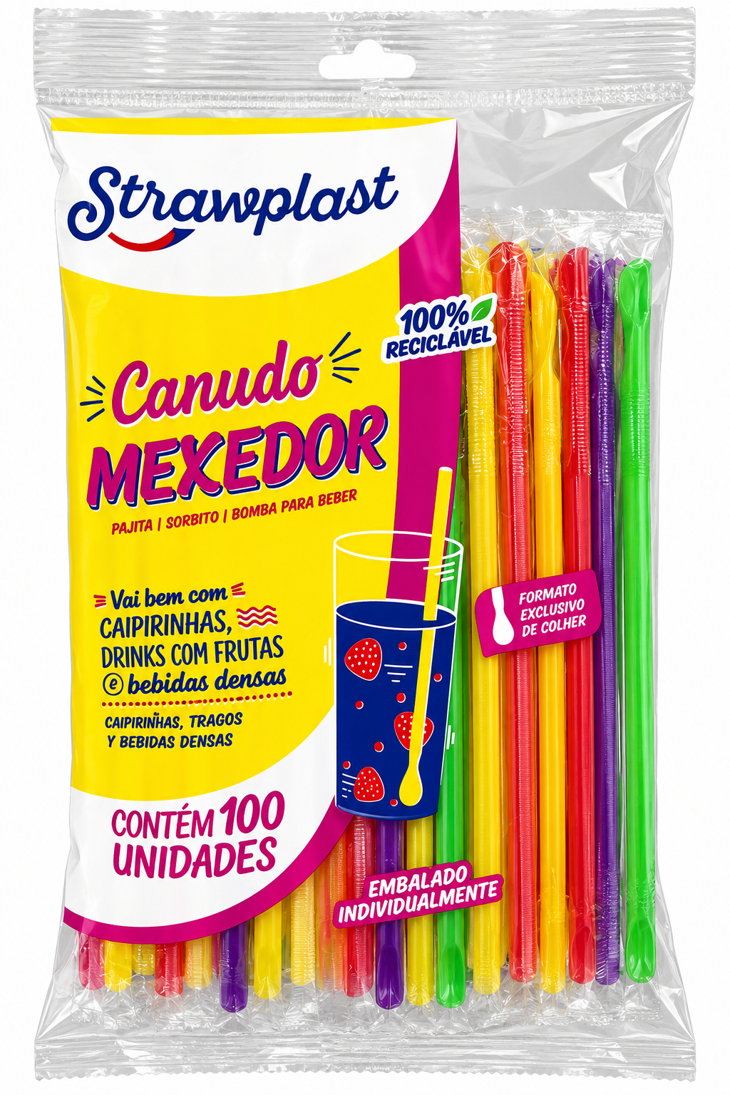 CANUDO MEXEDOR COLORIDO STRAWPLAST – 100 UNIDADES
