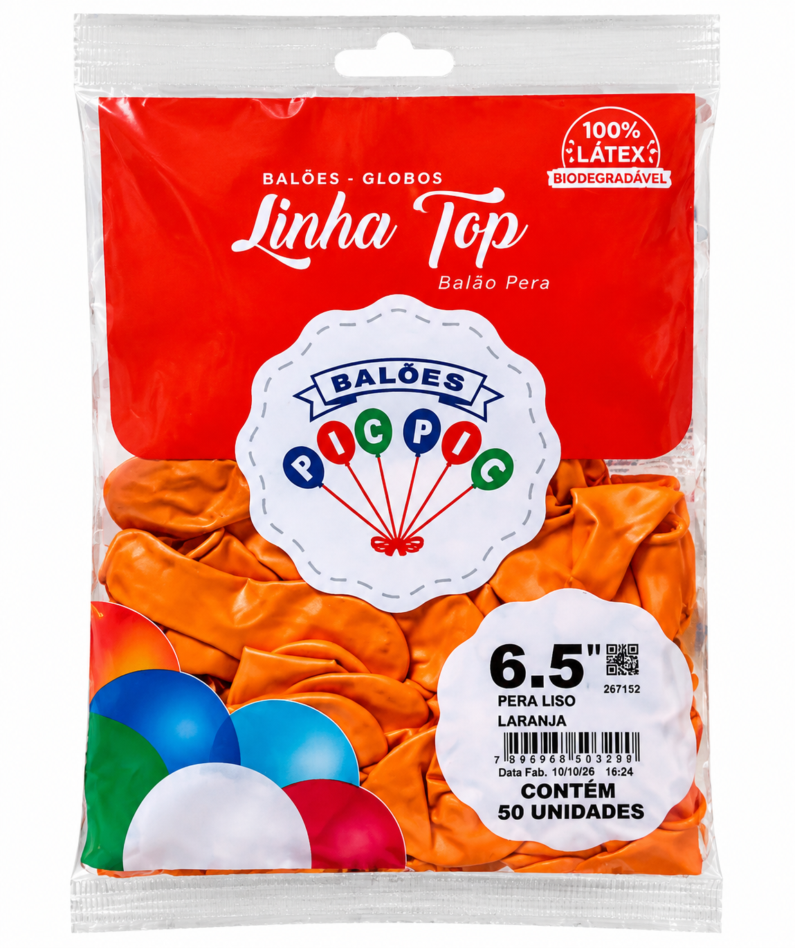 BALÃO DE LÁTEX PERA LISO LARANJA 6.5" LINHA TOP PICPIC – PACOTE COM 50 UNIDADES
