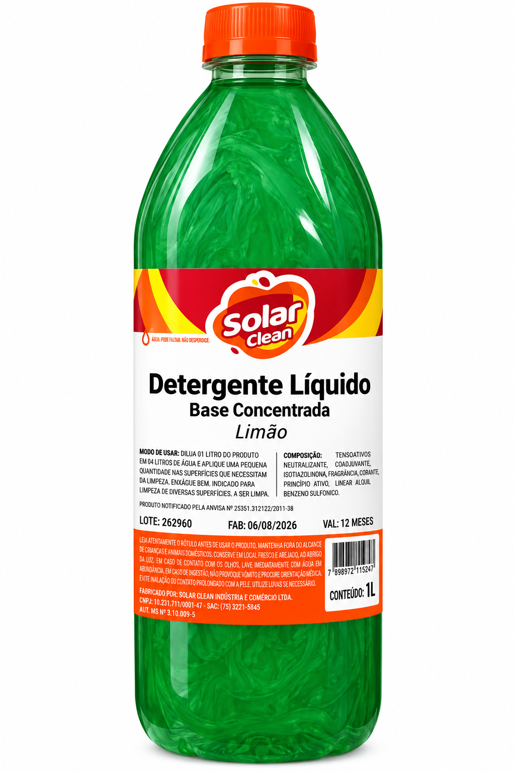 DETERGENTE LÍQUIDO BASE CONCENTRADA LIMÃO SOLAR CLEAN 1L