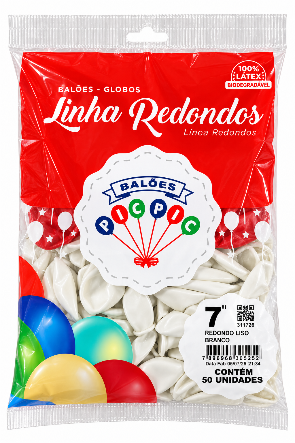BALÃO DE LÁTEX REDONDO LISO BRANCO Nº 7 C/50 UNIDADES
