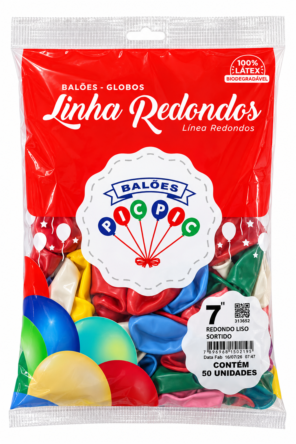 BALÃO DE LÁTEX REDONDO LISO SORTIDO Nº 7 C/50 UNIDADES