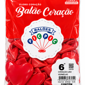 BALÃO DE LÁTEX CORAÇÃO LISO VERMELHO Nº 6 C/50 UNIDADES