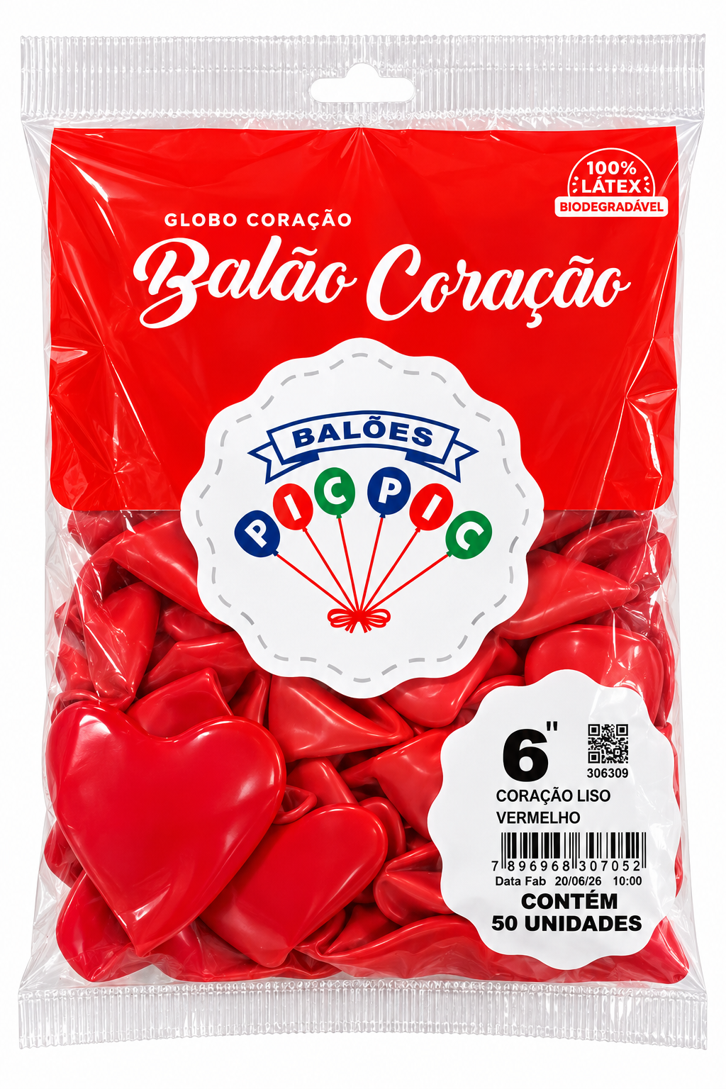 BALÃO DE LÁTEX CORAÇÃO LISO VERMELHO Nº 6 C/50 UNIDADES
